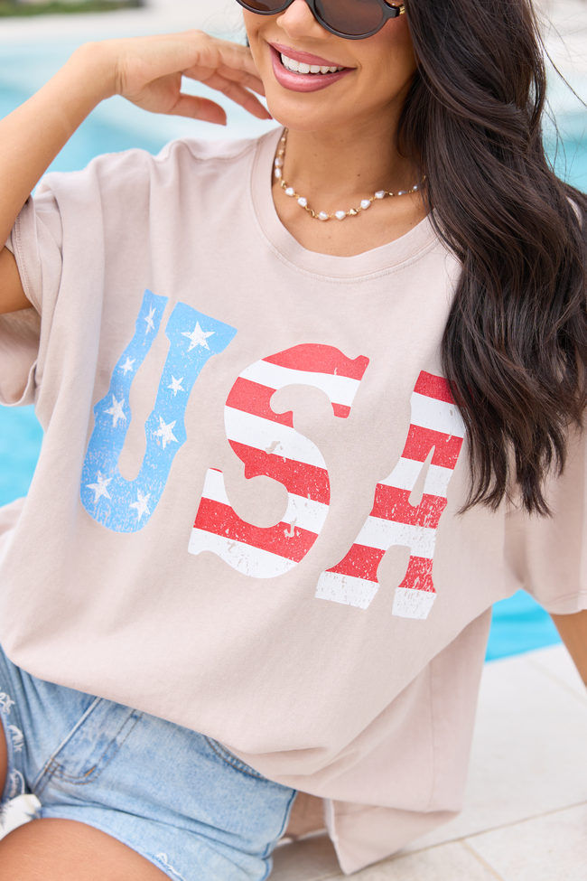USA Taupe Oversized Graphic Tee