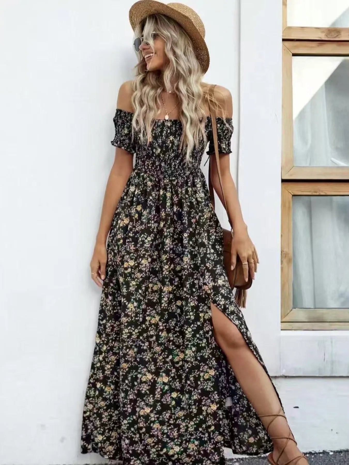 Full Size Slit Off-Shoulder Floral Midi Dress Plus Size