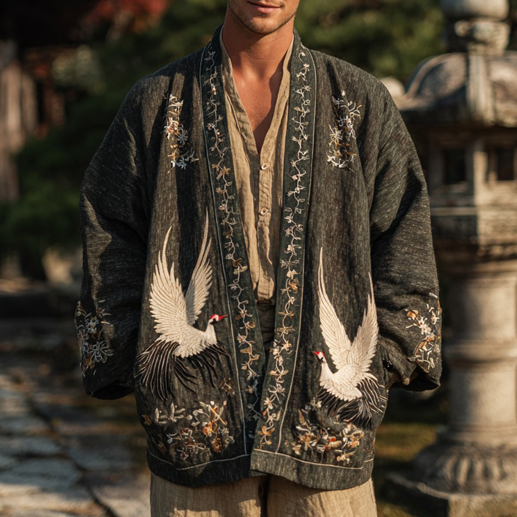 Japanese Cranes With Floral Art Linen Blend Kimono Cardigan