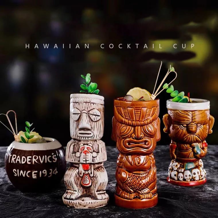 Tiki Bar Mugs for Cocktails, Premium Tropical Cups Drinks for Exotic Party
