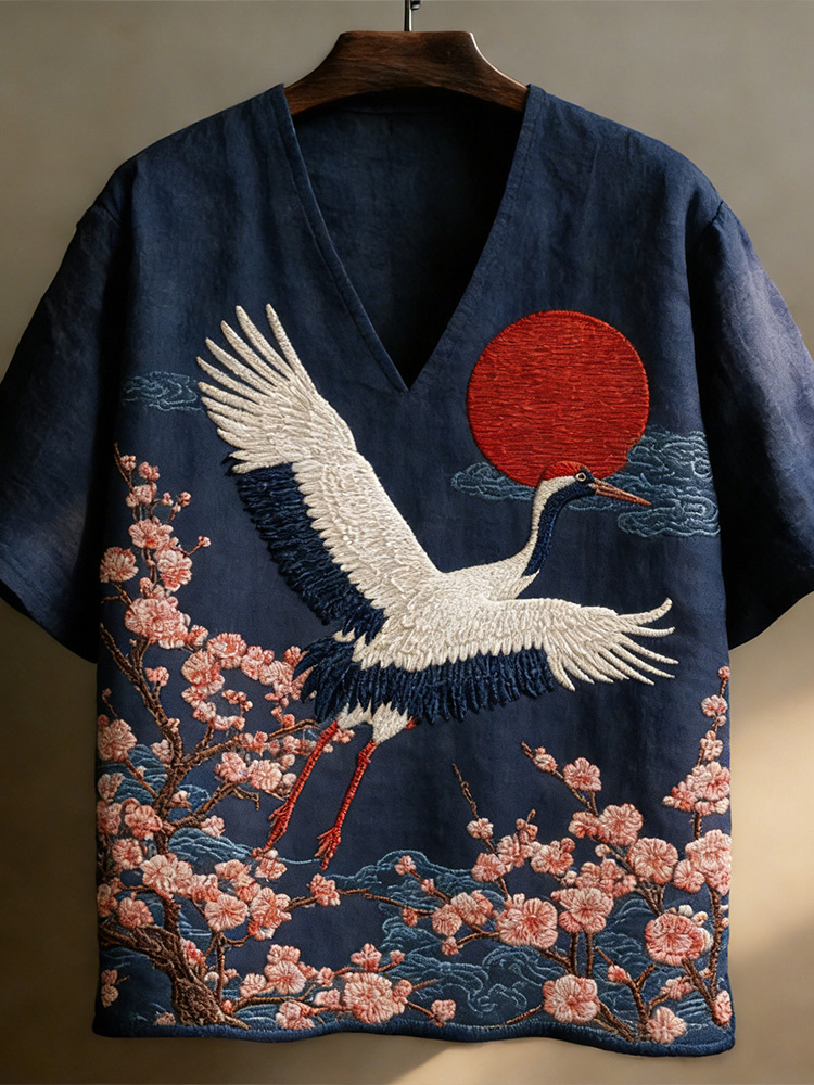 Men's Japanese-style Linen Short-sleeved V-neck Shirt With Crane And Floral Pattern
