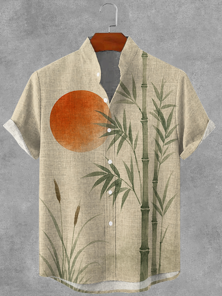Men's Japanese Art Bamboo And Sunset Print Casual Short Sleeve Shirt