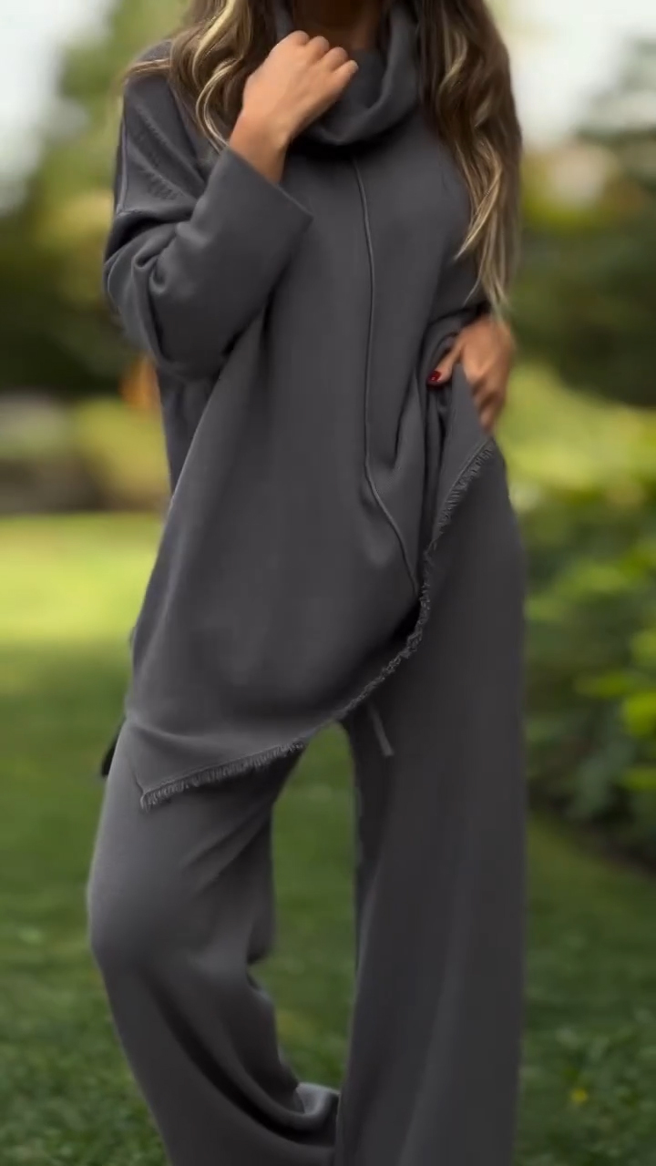 Women High Neck Top + Pants Solid Color Casual Suit