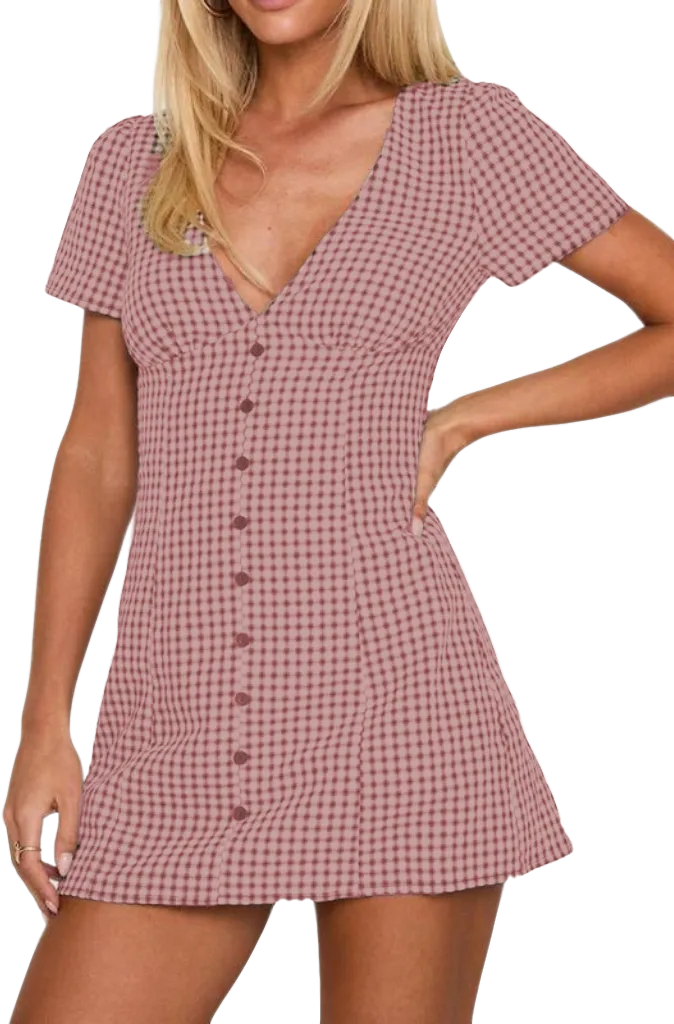 Women's Plaid Print Button Decor V Neck Shortsleeve (Just $4 Each!)