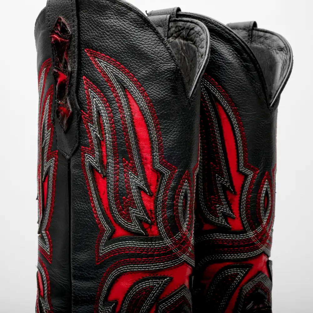 Black Cherry Giant Caiman Neck Leather Boots - Square Toe