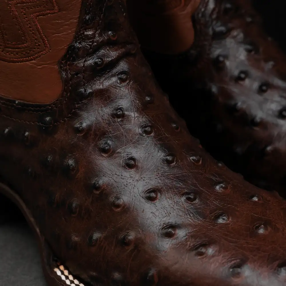 Chocolate Brown Ostrich Leather Boots - Square Toe