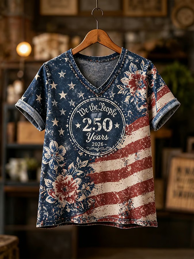 Women'S V-Neck American 250 Celebration Printed T-Shirt
