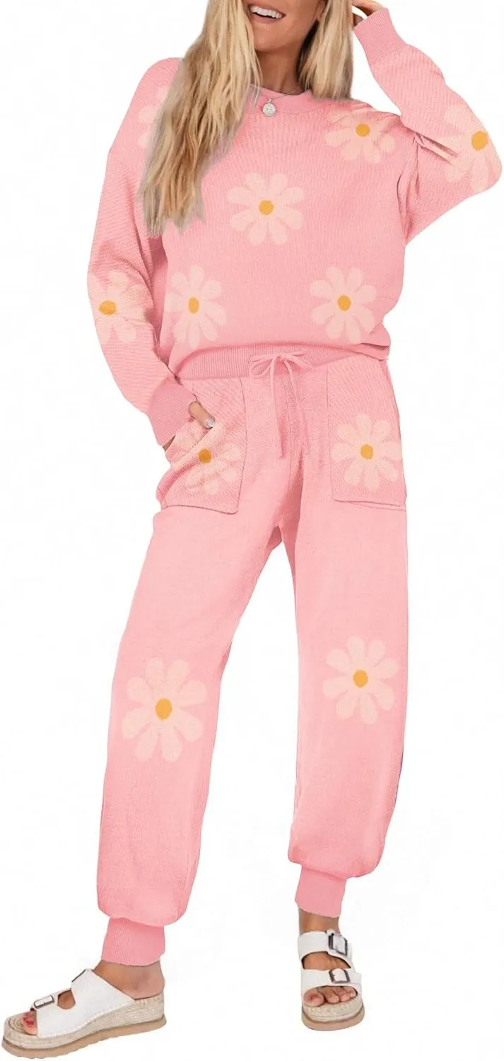 Women's Long Sleeve Knit Loungewear Set Jogger Pants Outfit
