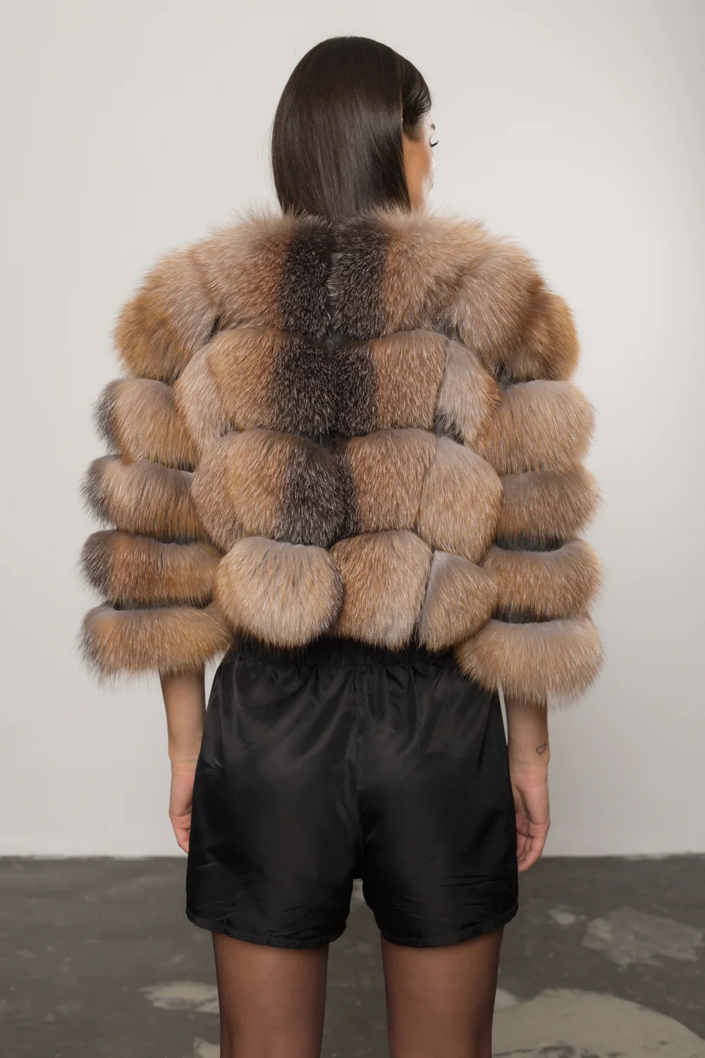 Haină din Blană Naturală de Vulpe și Piele, Transformabilă, Femei, Brown Frost 249