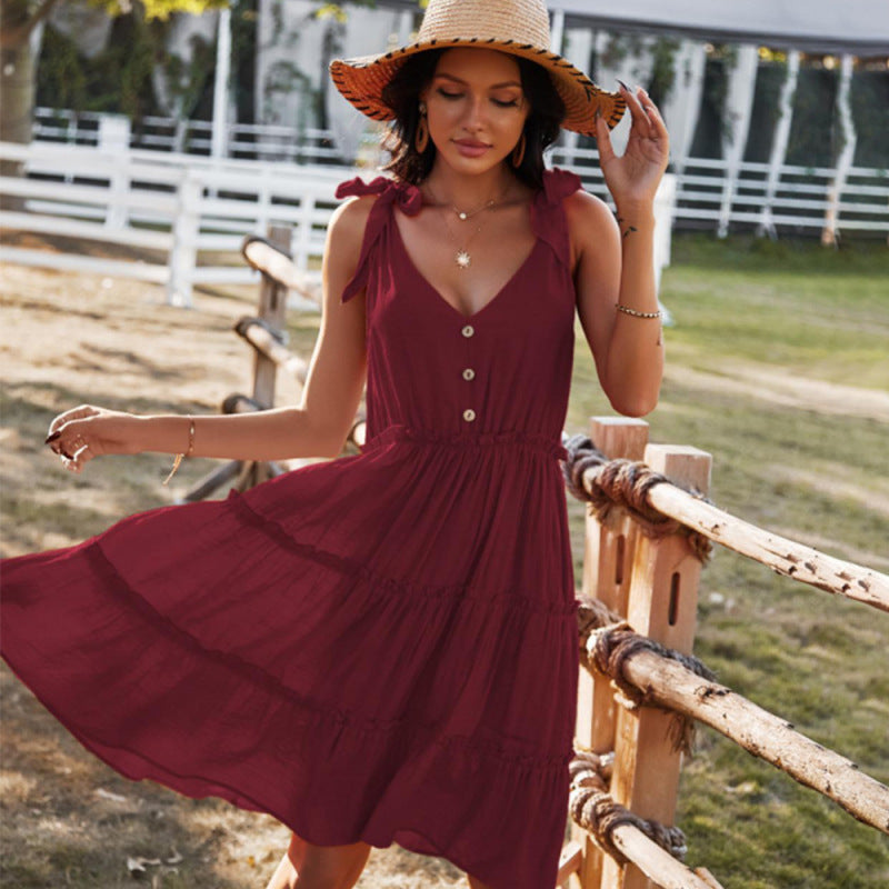 V-Neck Solid Color A-Line Skirt Vacation Dress