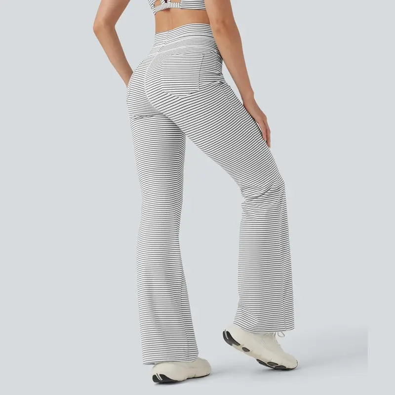 High Waisted Drawstring Stripe Flare Yoga Pants with Pockets