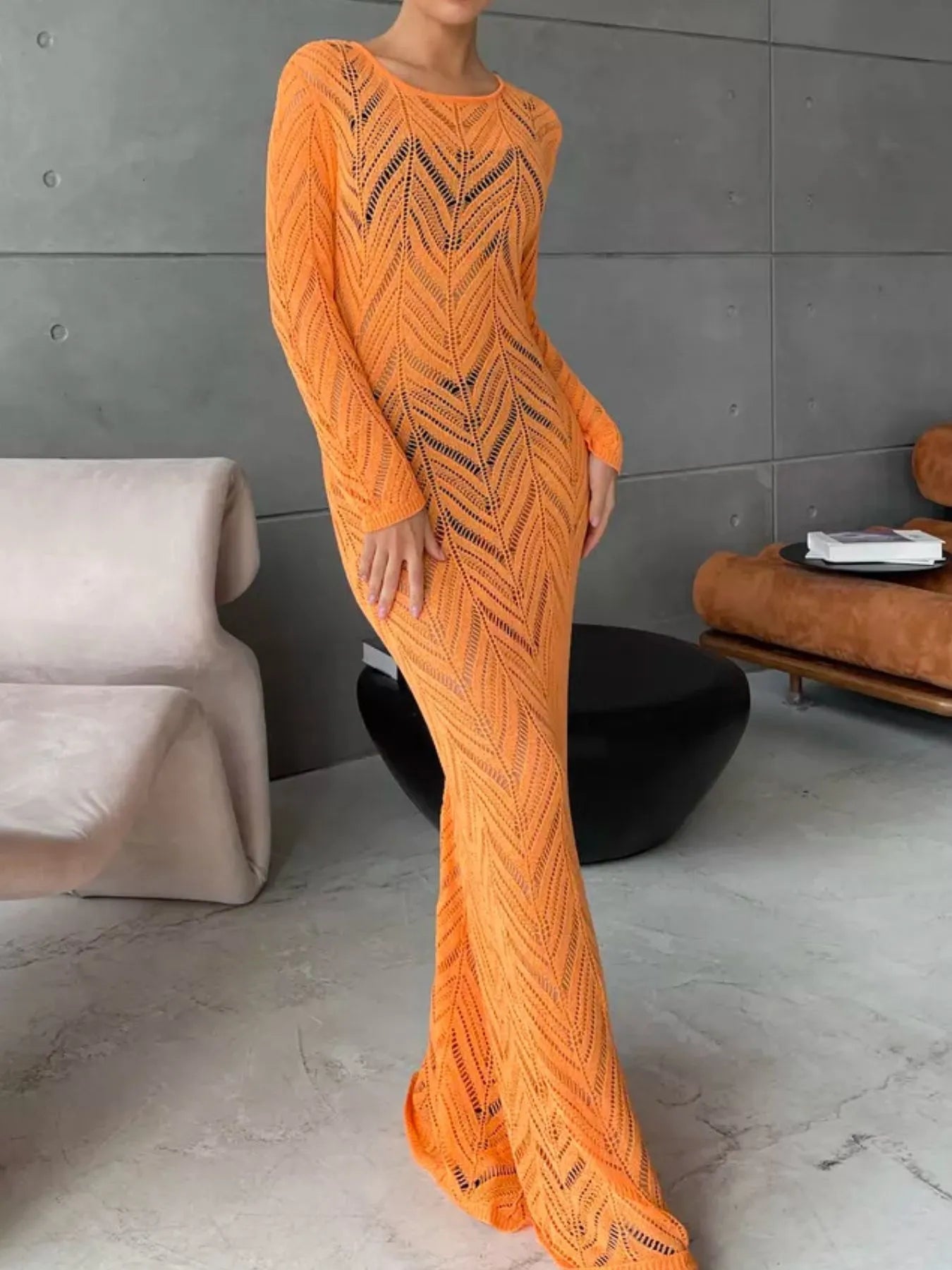 Openwork Long Sleeve Knit Cover Up Dress