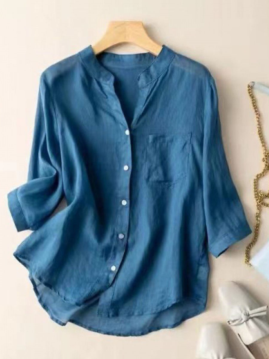 Women's V-neck Solid Color 3/4 Sleeve Casual Linen Cardigan Shirt