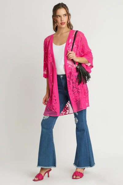 Elegant Floral Lace Open Front Kimono Sleevee Cover Up with Waist Tie