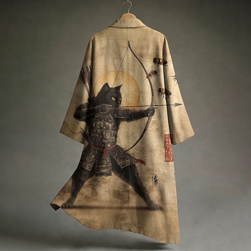 Men's Black Cat Tribal Warrior Japanese Kyudo Print  Linen Long Kimono