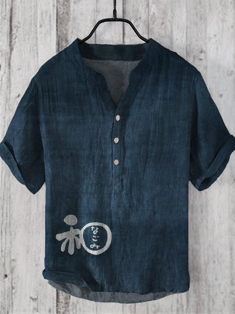 Japanese Word Art Linen V-Neck Shirt