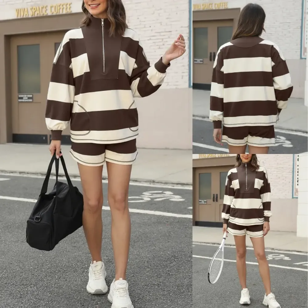 Women's Lounge Set 2 Piece Striped Long Sleeve Quarter Zip & Short Sleeve T Shirt