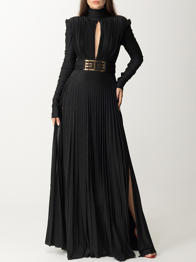 Long Sleeves Pleated Solid Color Split-Side V-Back High-Neck Evening Dresses Maxi Dresses
