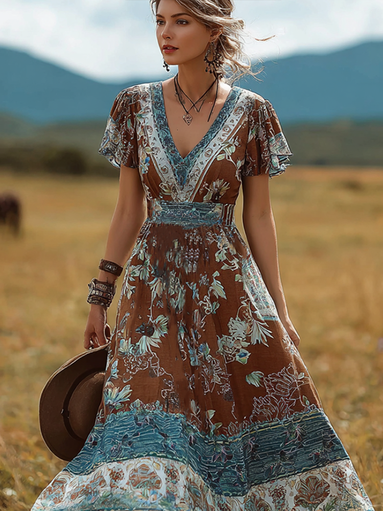 Bohemian Style Retro Floral Pattern Women's V-neck Dress
