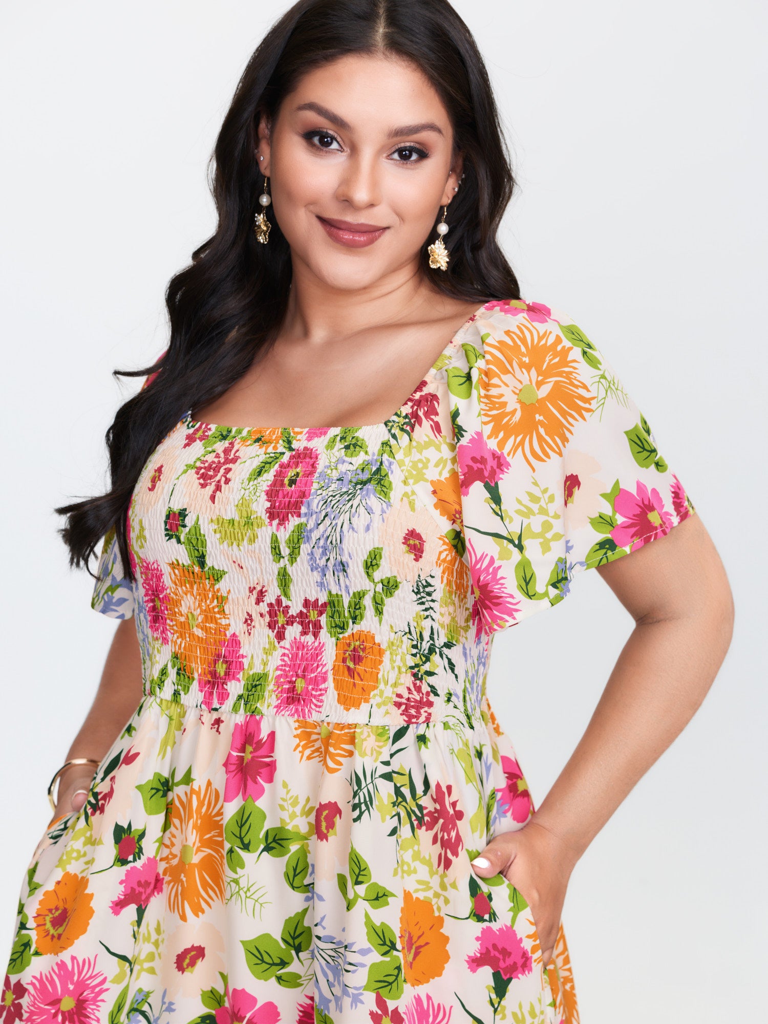 Floral Shirred Square Neck Pocket Midi Dress