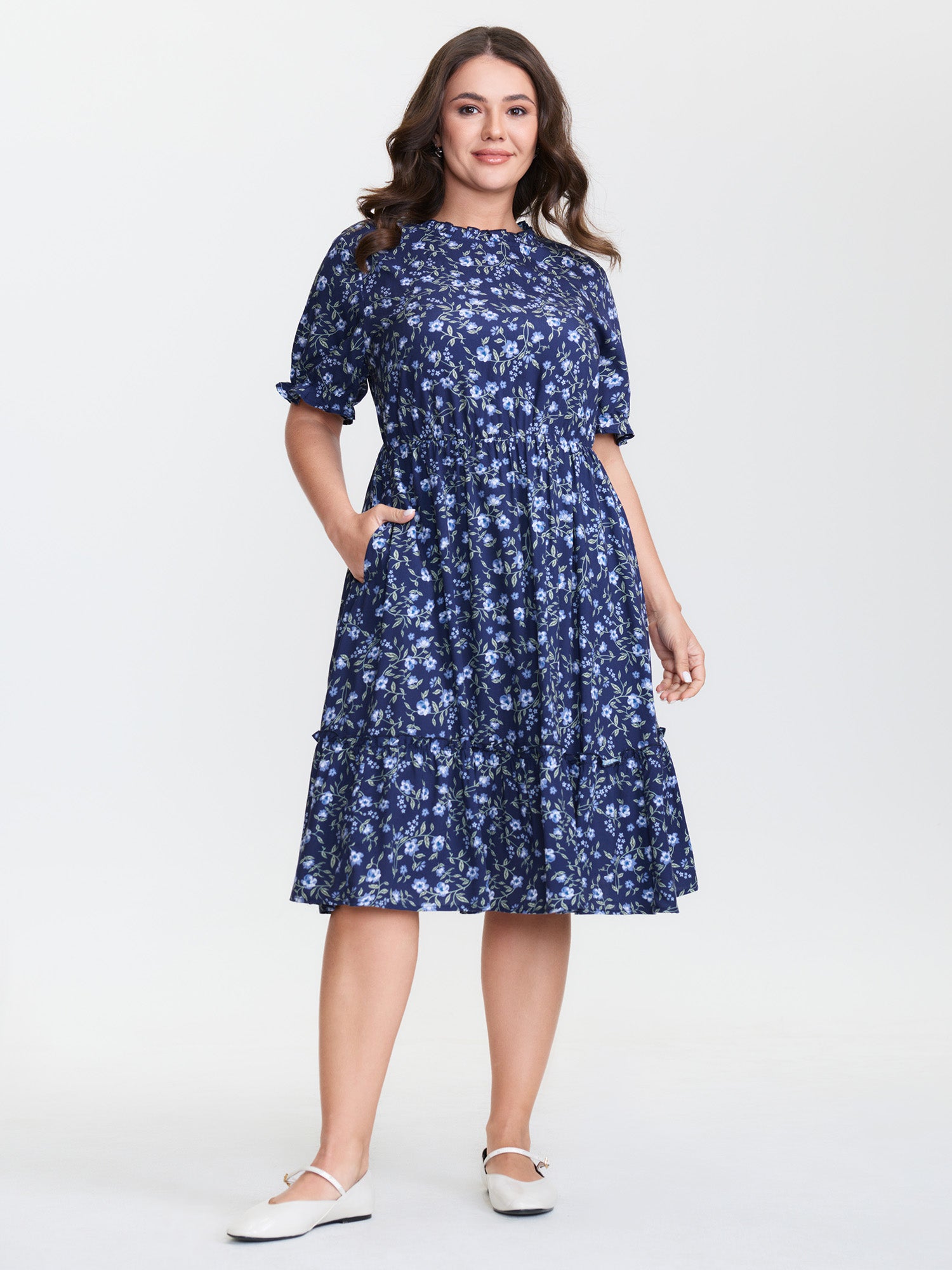 Spring Floral Print Pockets Midi Dress