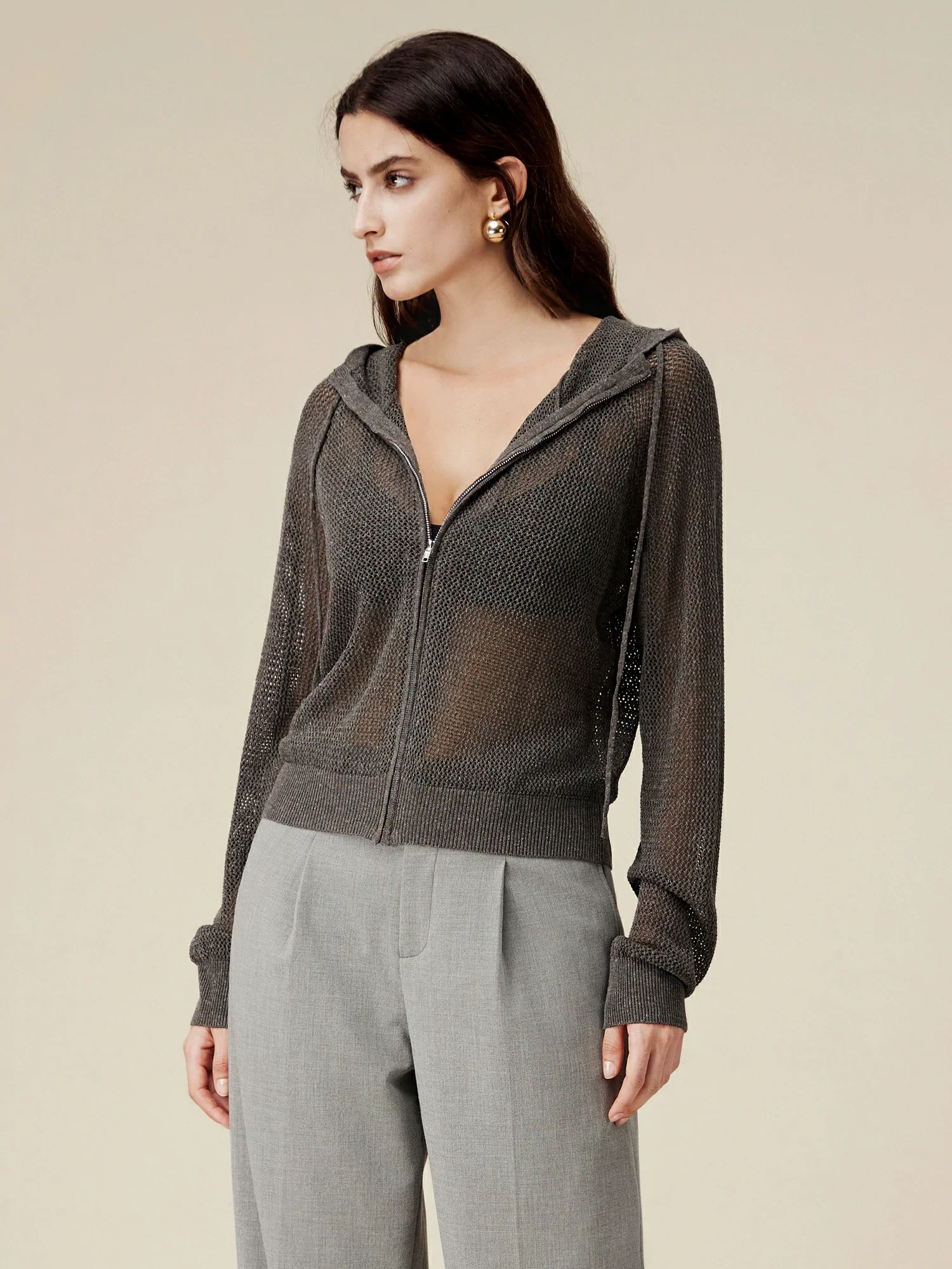 Linen & Lyocell Hooded Hollow Out Cardigan