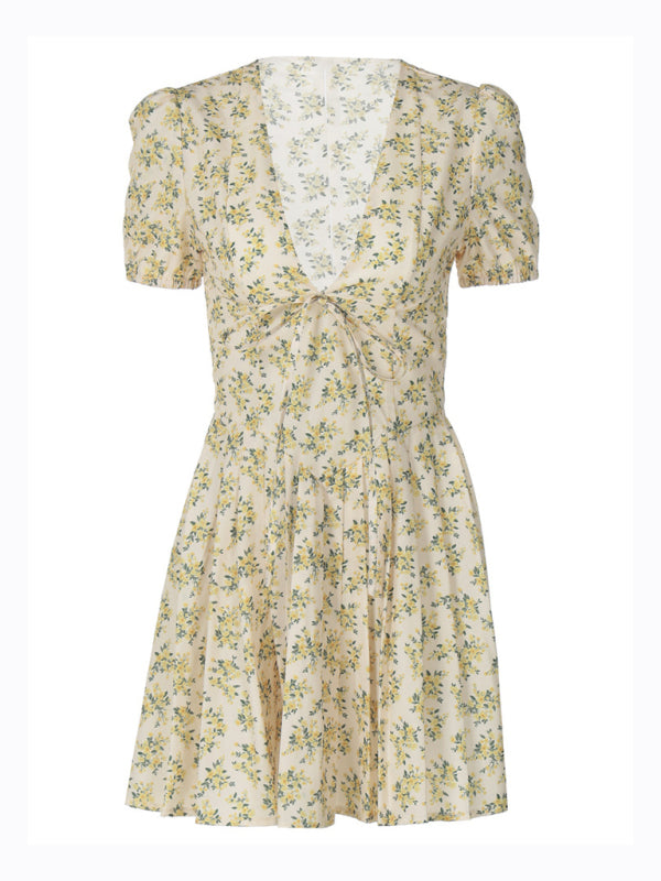 Joanna's Deep V Slim Waist Short Sleeve Medium Pleated Floral Mini Dress