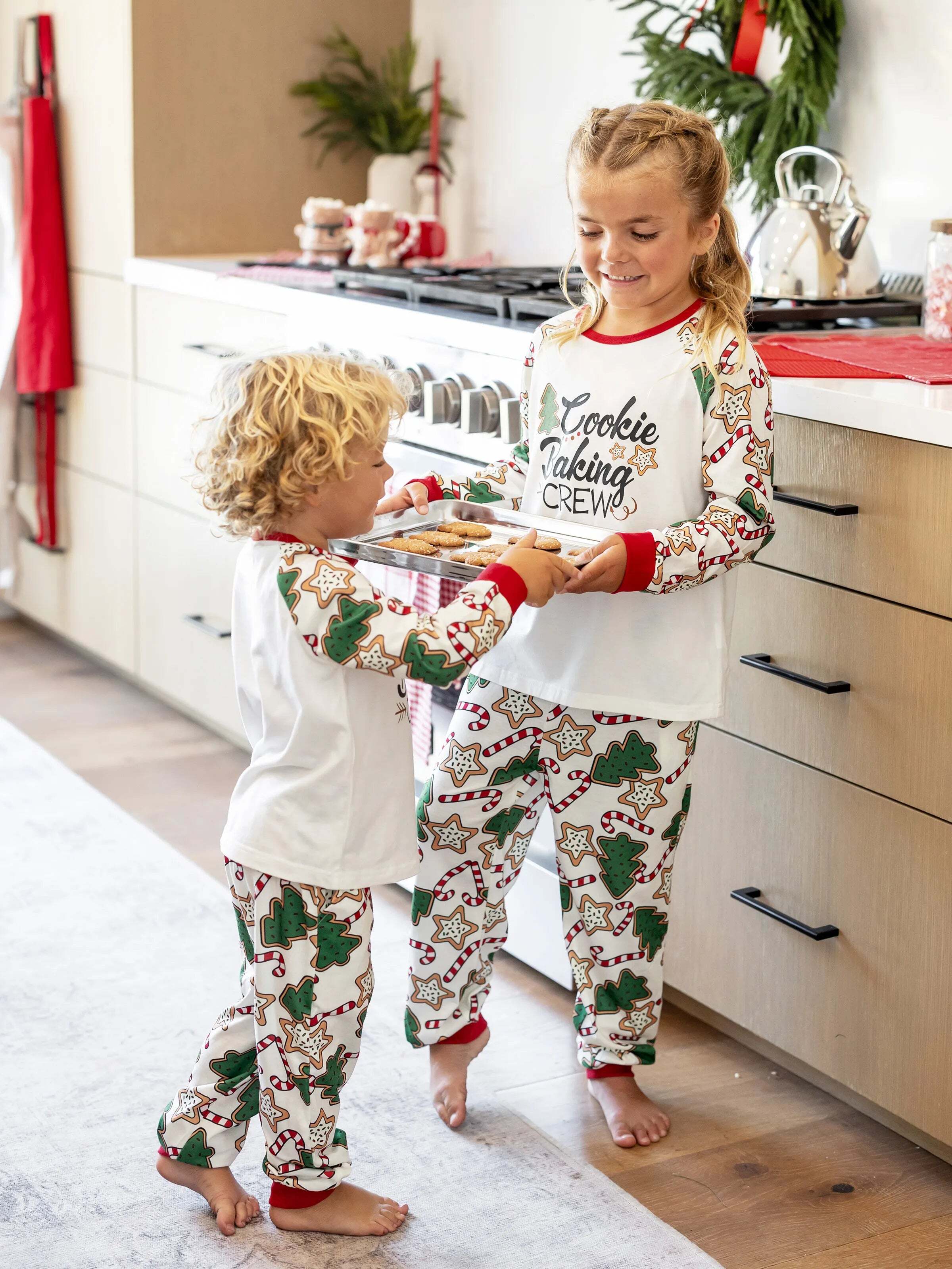 Christmas Matching Family Pajamas Set Christmas Tree Print Red and Apricot PJS with Christmas Socks Apricot