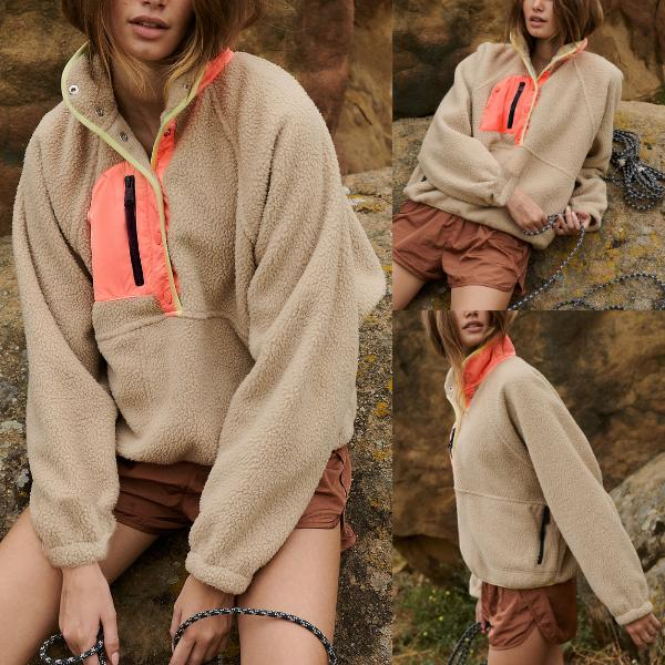 Women's Lightweight Sherpa Fleece Pullover Jacket with Pockets