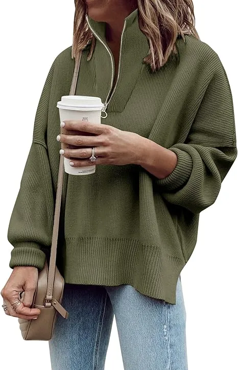 Women's Long Sleeve 14 Zip Oversized Ribbed Knit Tunic Sweater