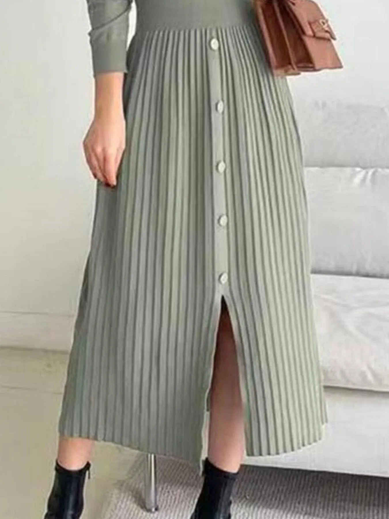 Slit Front Mock Neck Long Sleeve Knit Dress