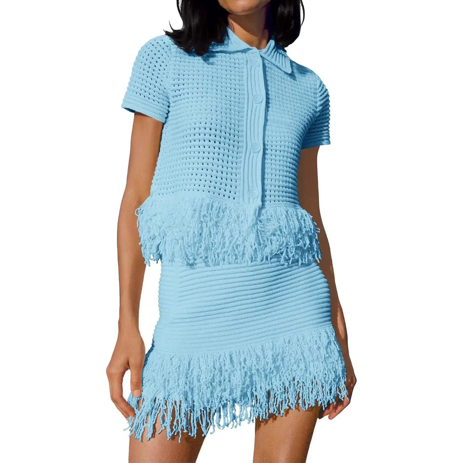Womens 2 Piece Crochet Outfits Short Sleeve Button Knit Sweater Tops Fringe Skirt Summer Vacation Sets Beach Cover Ups