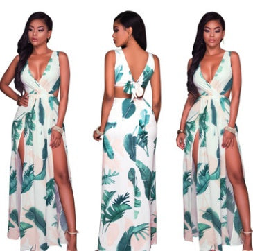 Botanical Print Slit Backless V-Shaped Nightclub Maxi Dress