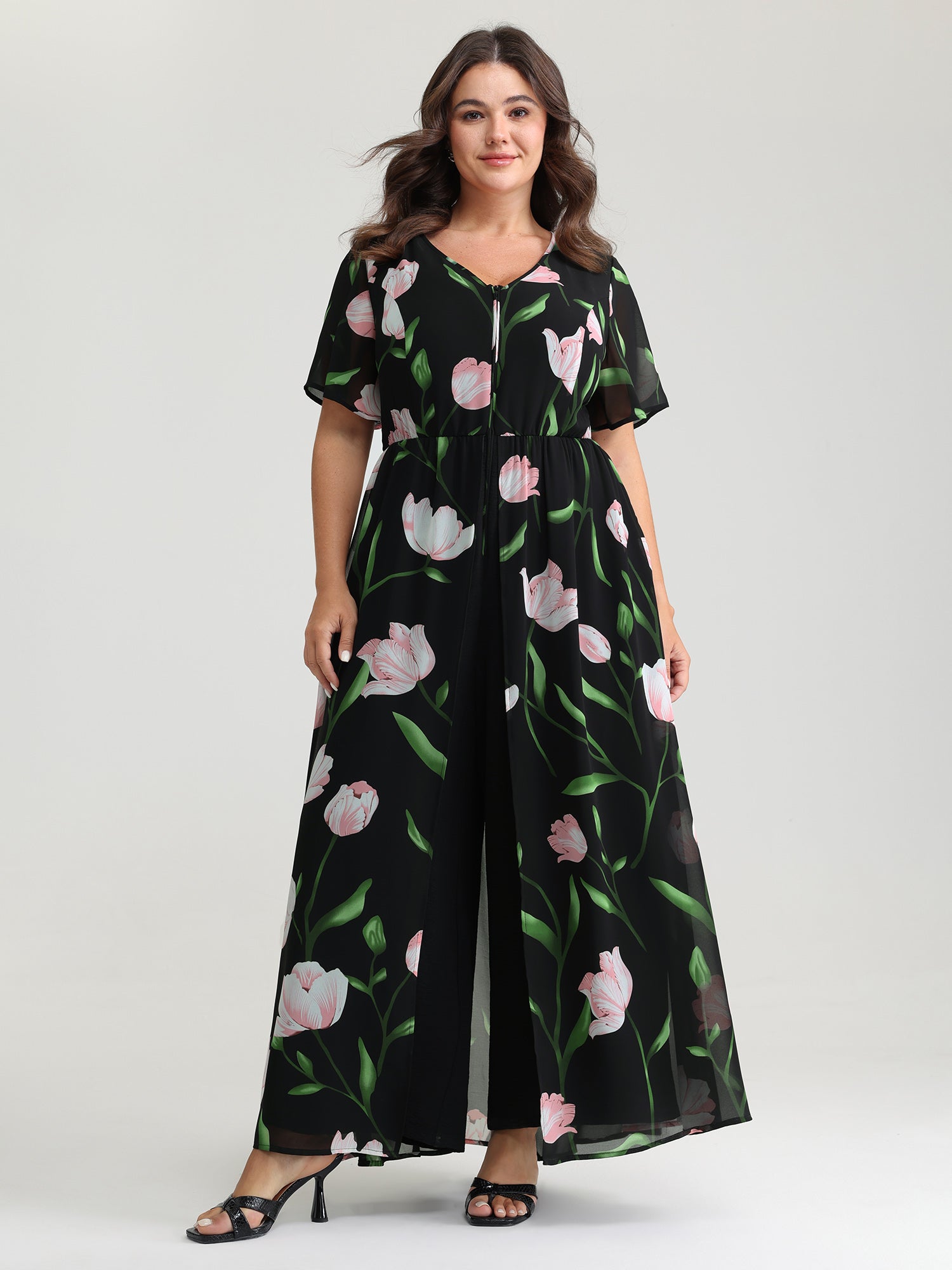 Hidden Zipper Floral Layered Pockets Jumpsuit