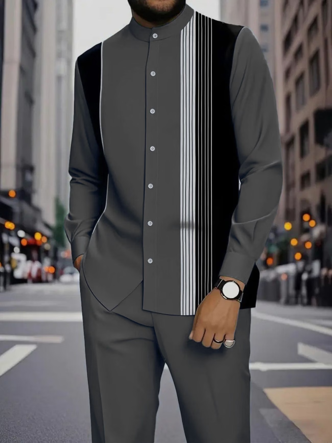 Men’s Black & White Stripe Button-Up Shirt and Drawstring Pants 2-Piece Set