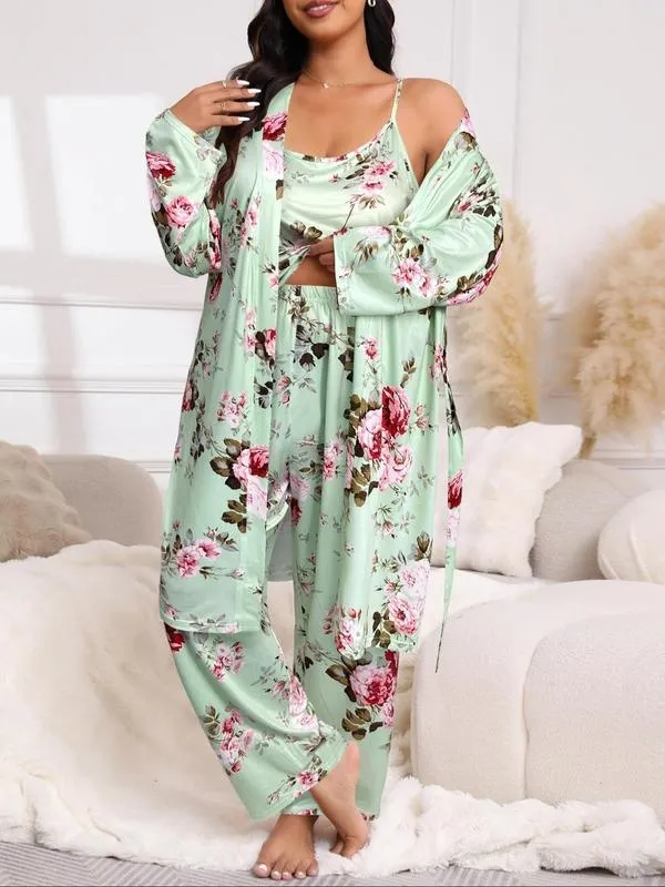 3-Piece Set Floral Print Belted Lounge Robe & Cami Top & Elastic