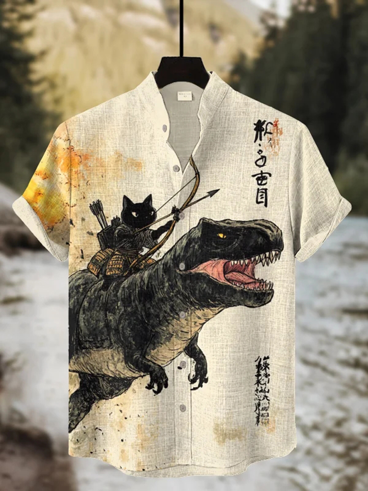 Men's Black Cat Riding A Dinosaur Art Print Casual Shirt