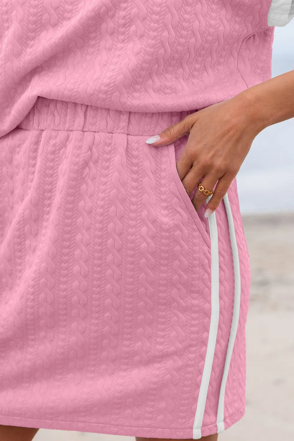 Textured Round Neck Top And Skirt Set