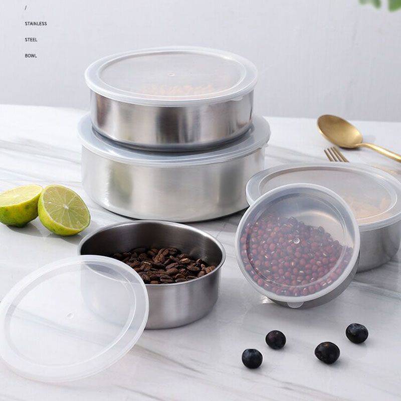5PC Set Stainless Steel Low Profile Bowl with Airtight Lid