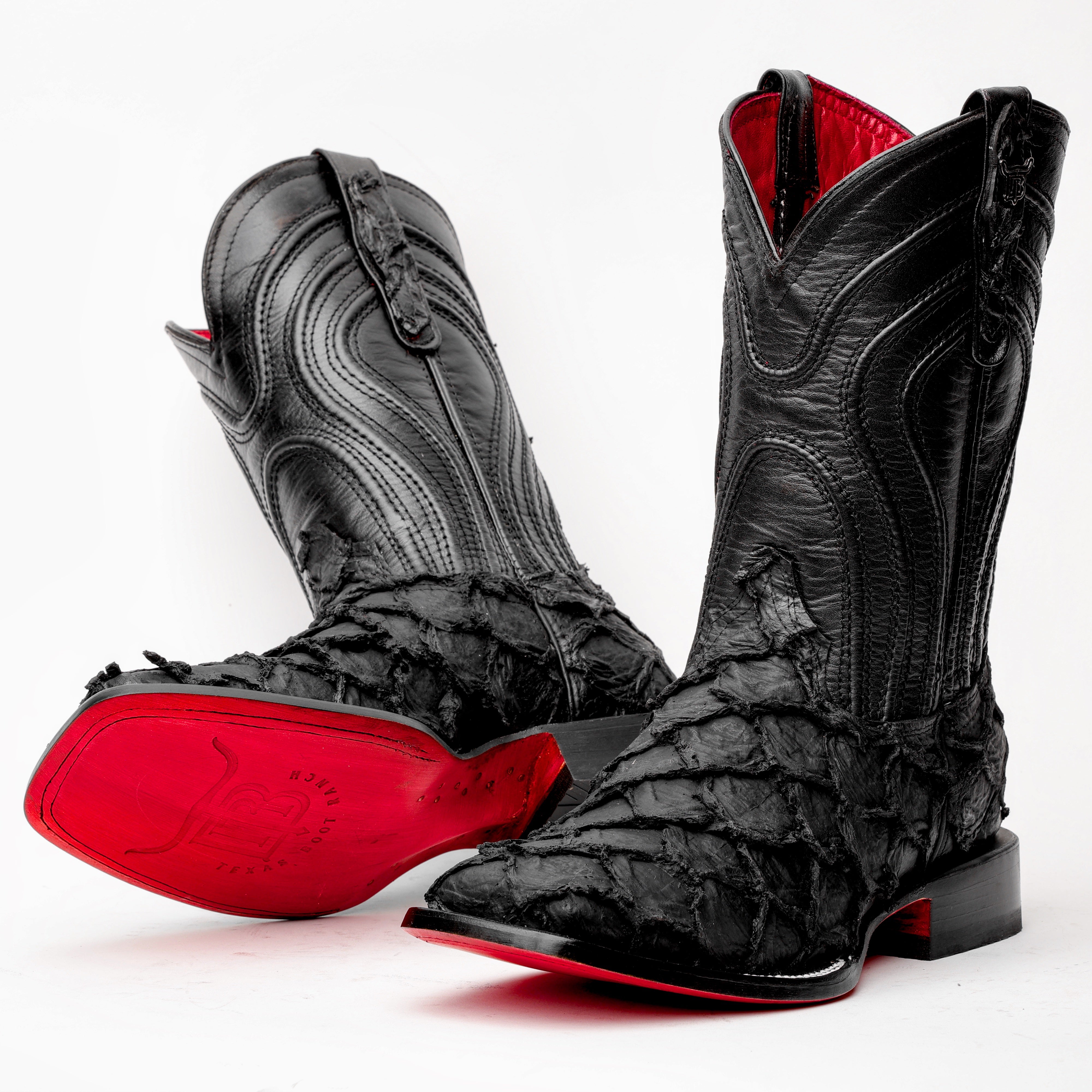 Matte Black Jumbo Pirarucu Leather Boots - Square Toe