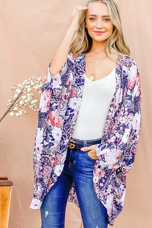 Floral Print Dolman Sleeve Kimono Cardigan