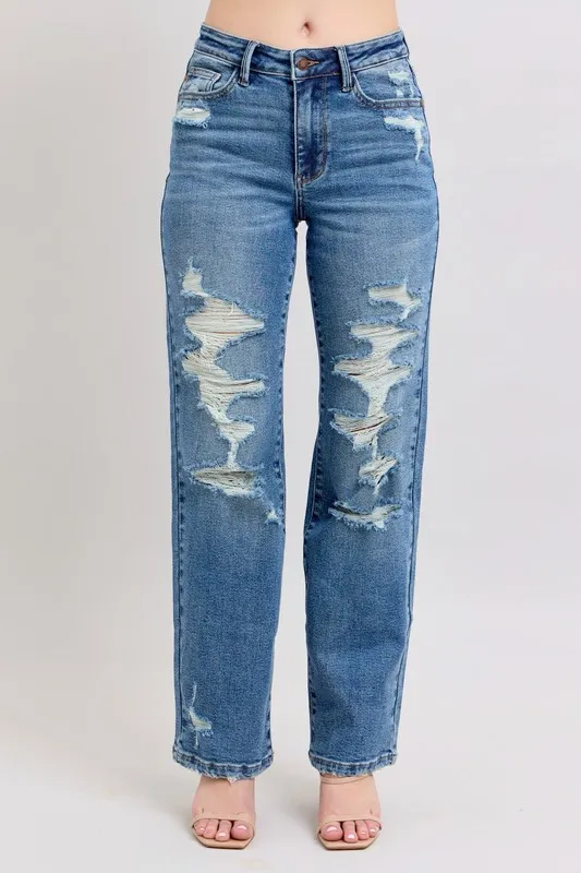 Blue Full Size High Waist Heavy Destroy Straight Jeans Plus Size