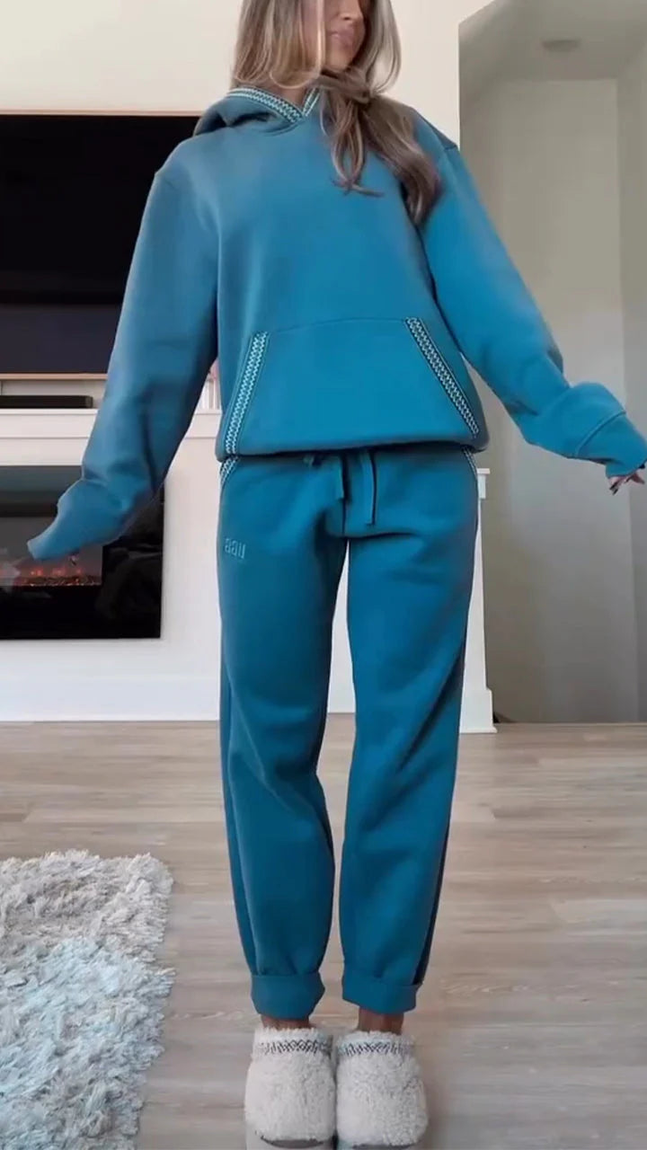 Women Round Neck Hooded Sweatshirt + Pants Casual Suit
