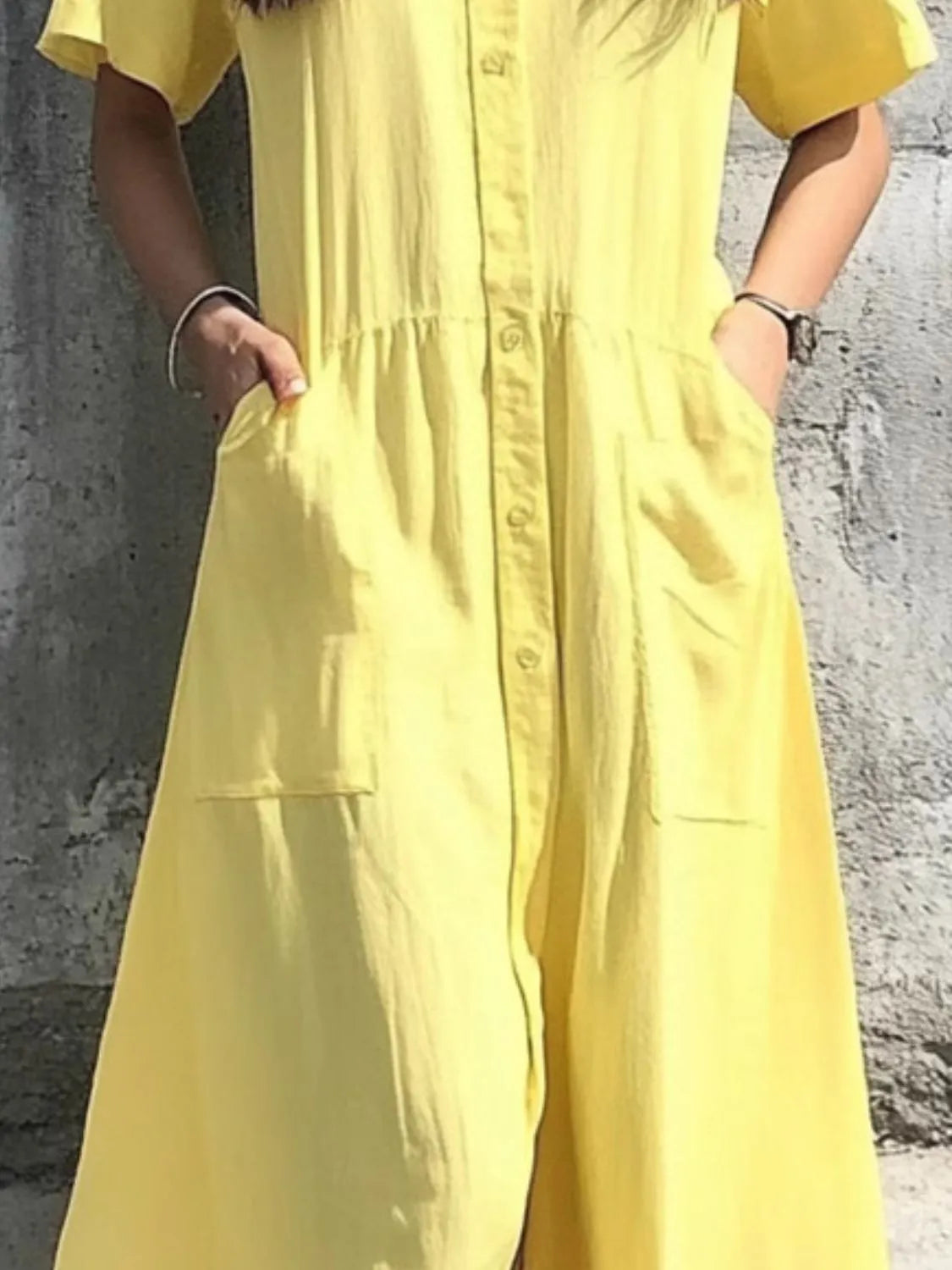 Button Front Short Sleeve Midi Dress