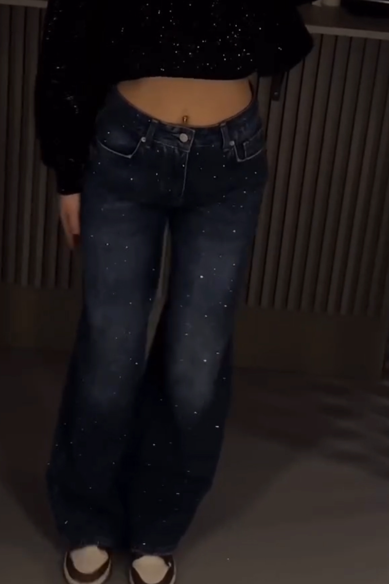 Women Rhinestone Washed Casual Jeans