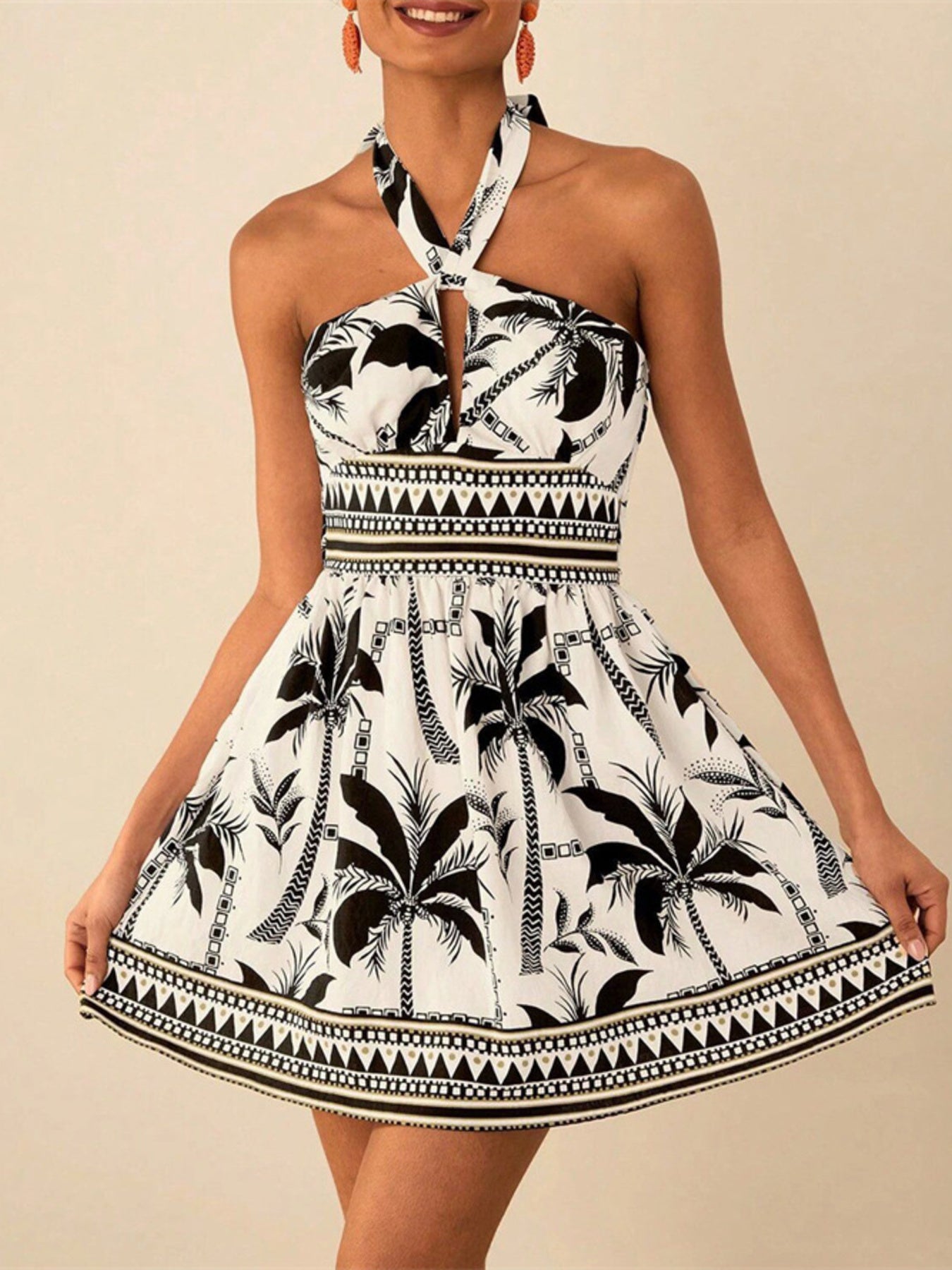 Tropical Print Halter Neck Mini Dress