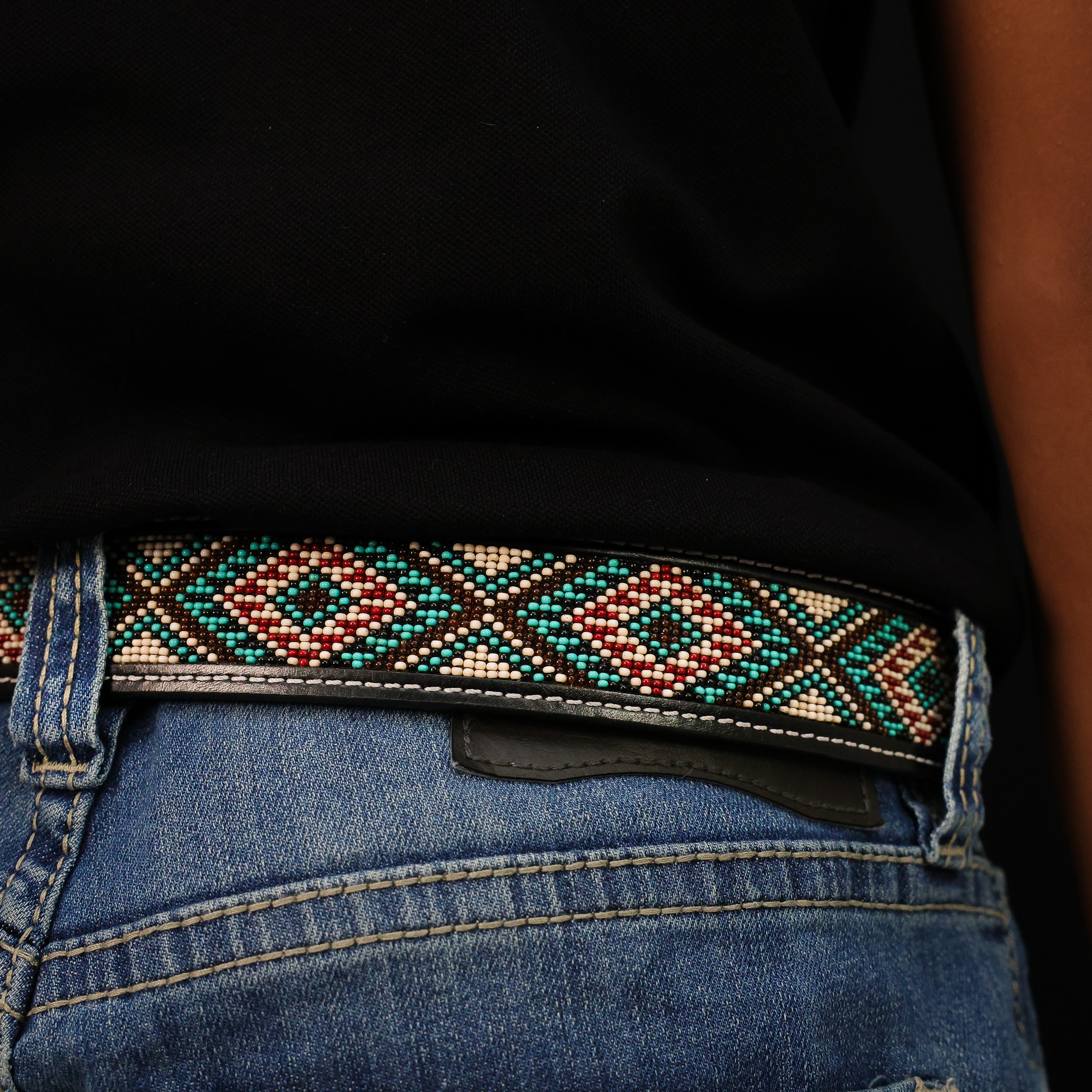 Hand-Tooled Artesanal Beaded Leather Belt