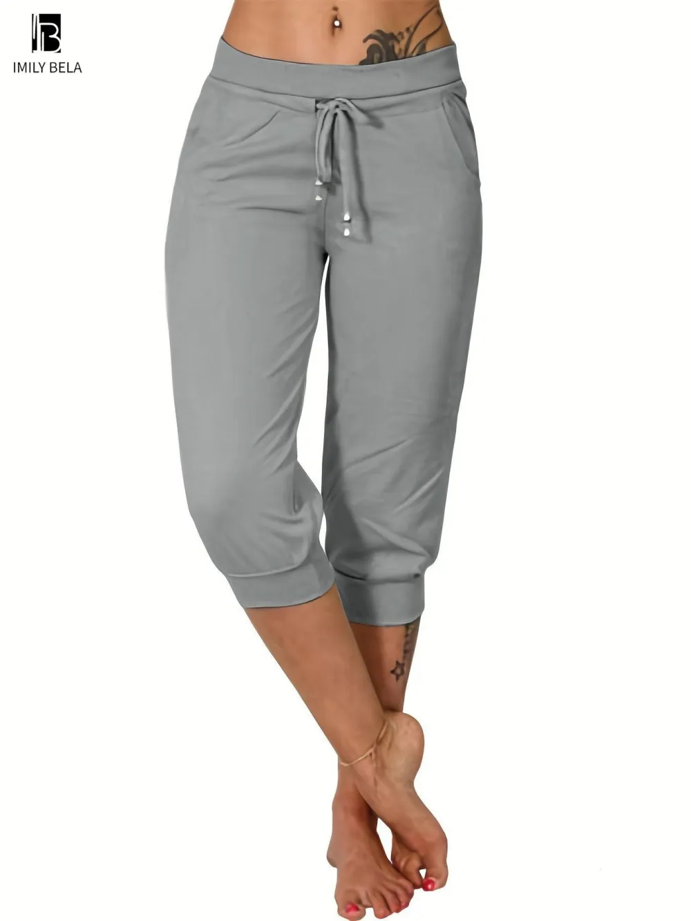 Women's Plain Drawstring Waist Capris Pants, Casual Pocket Trousers for Daily Wear