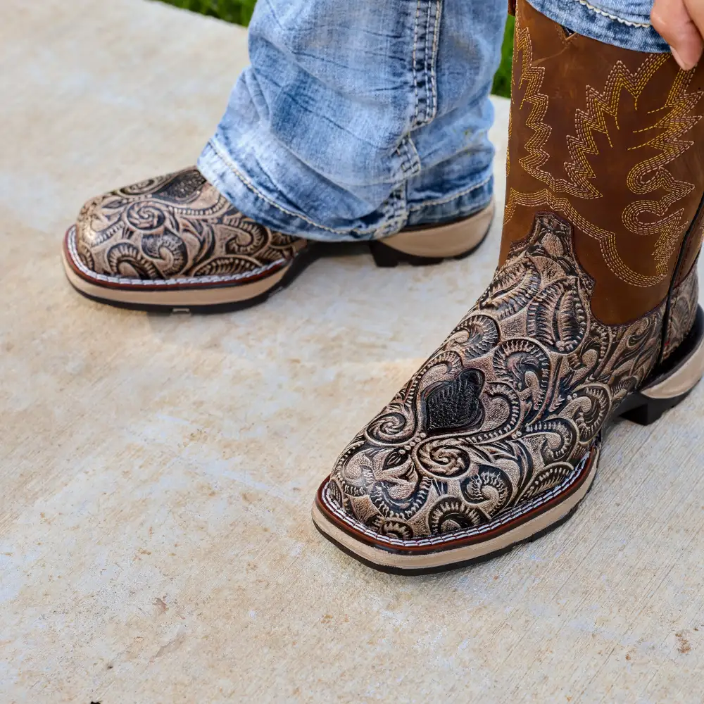 TBR Desert Hand-Tooled Leather Boots With 3D Lightweight Sole - Composite Toe