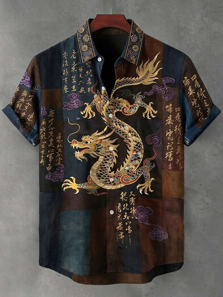 Men's Vintage Japanese Calligraphy Dragon Art Pattern Linen Blend Shirt